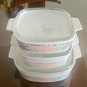 3 Piece Vintage Corning Ware Silk and Roses Casserole Dishes with Lids.